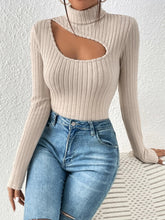 Ribbed Knit Cut Out Front Turtle Neck Tee